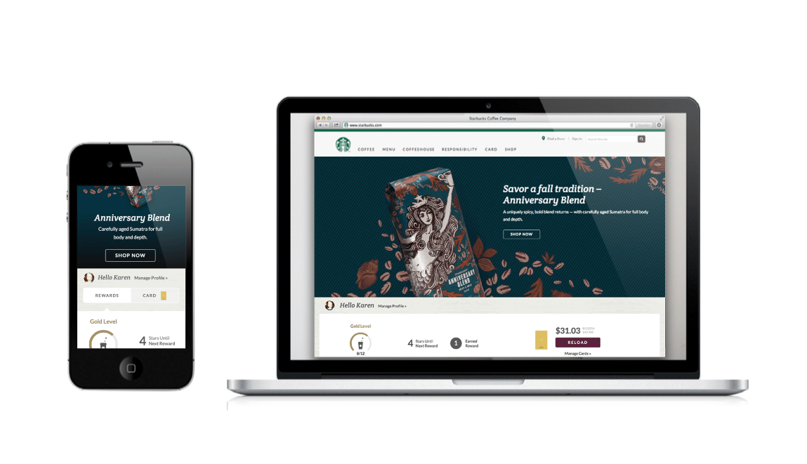 Starbucks homepage + rewards dashboard
